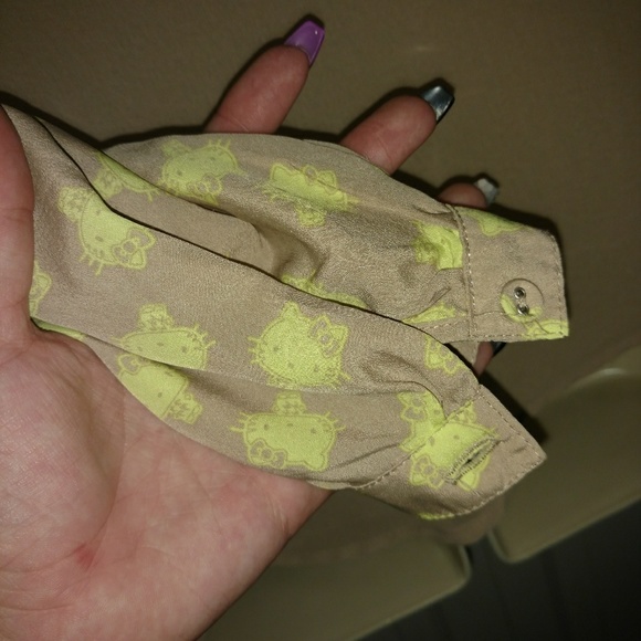 Hello Kitty • Y2k Sheer Nude Button Front Blouse Neon Green Small Graphic - Picture 2 of 6